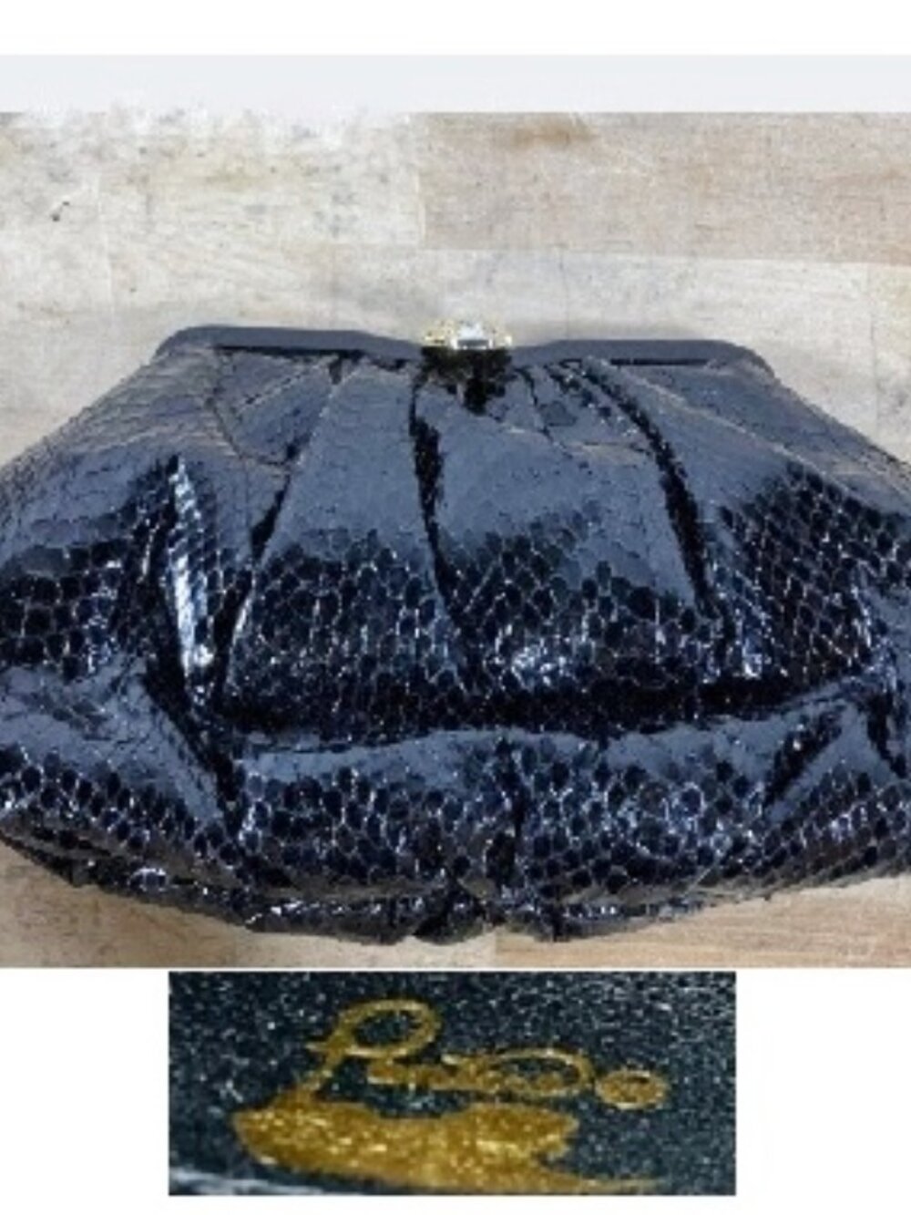 Vintage Pantera Black Snakeskin Python Clutch Bag Rhinestone Clasp w Chain Strap